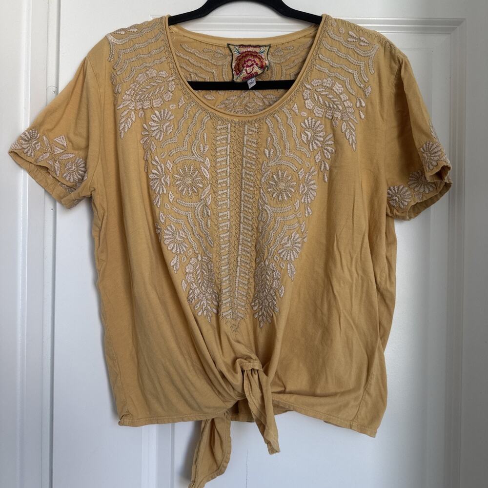 JOHNNY WAS Top La Rita Womens Yellow Embroidered Knot Short Sleeve Size Large
